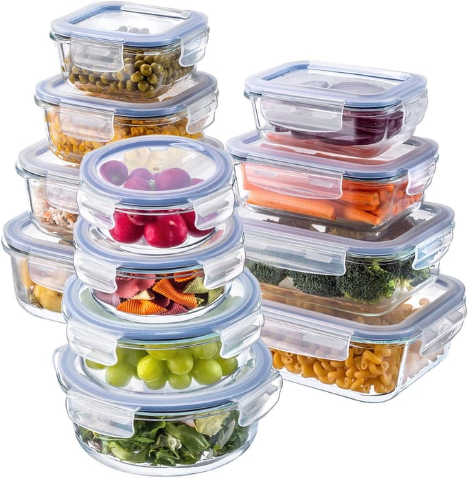 KADAX Hittebestendige glazen container met deksel, voedselcontainer van robuust glas, bewaarcontainer, vriescontainer, vershouddoos (12-delige set)