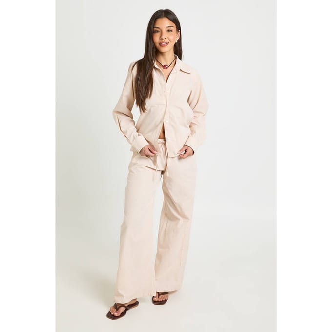 boohoo Dames Katoenen Popeline Gestreepte Wijde Broek | Abrikoos | Maat: 34
