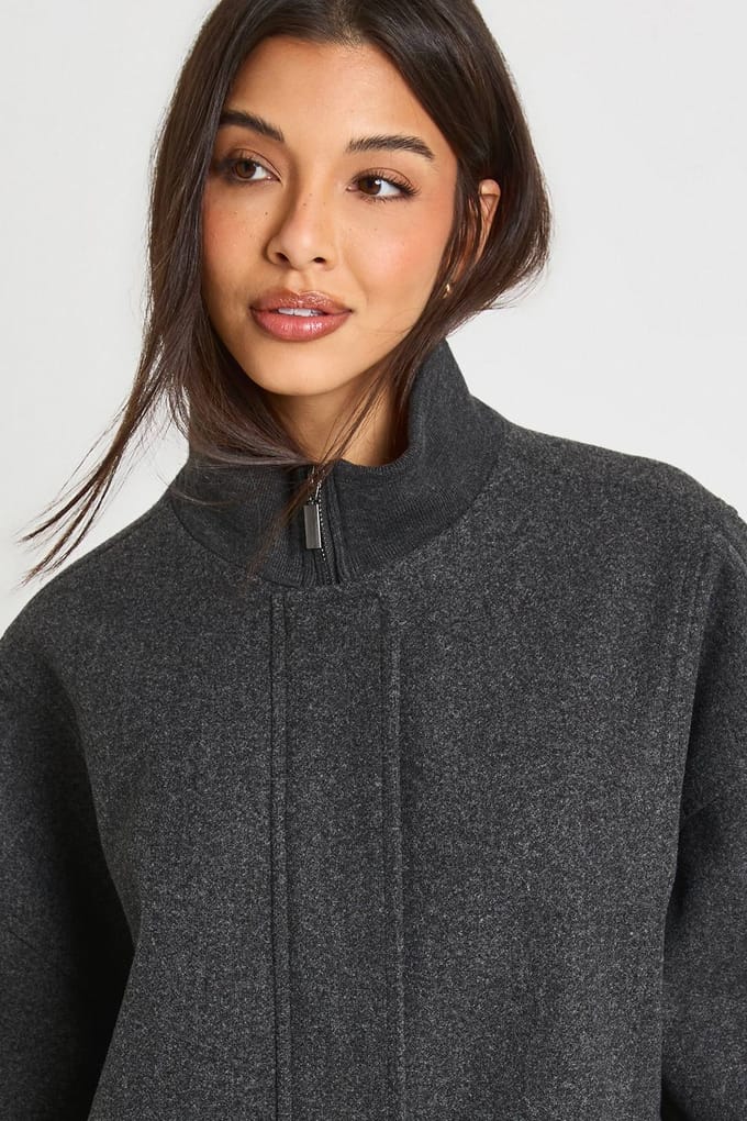 boohoo Dames Trechter Hals Wollen Look Bomber Jas | Charcoal | Maat: 16