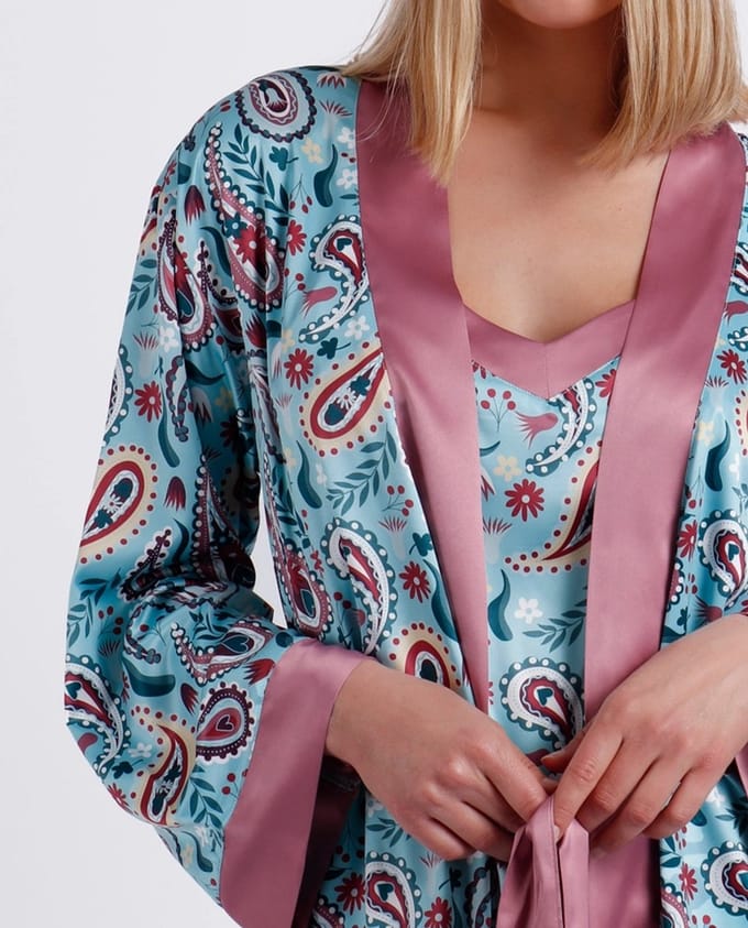 Dames Kamerjas Satijn Aqua Paisley Ochtendjas Maat L