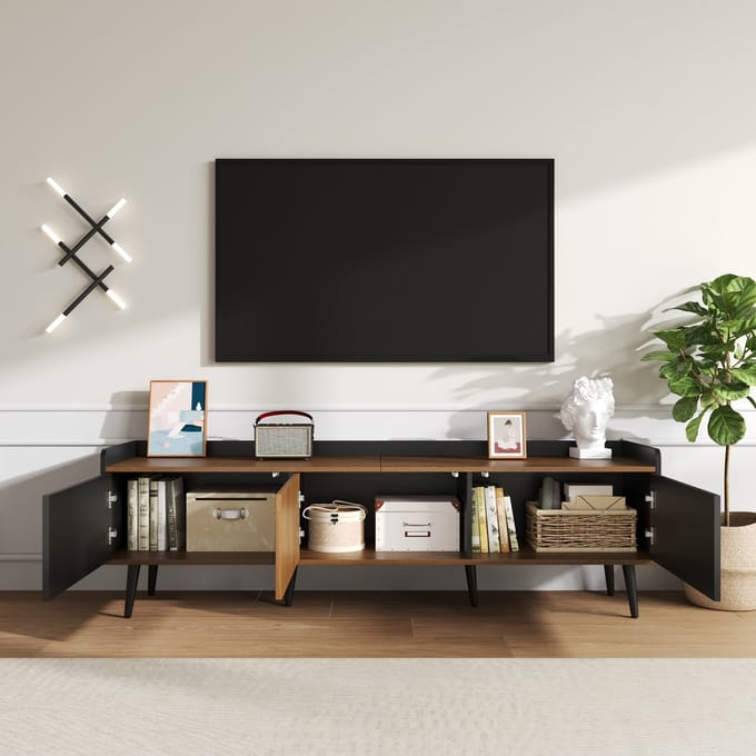 TV-meubel 160 x 39 x 49 -5 cm - drie-deurs onderkast - compacte structuur - zwart en natuurlijk houtnerf afwerking
