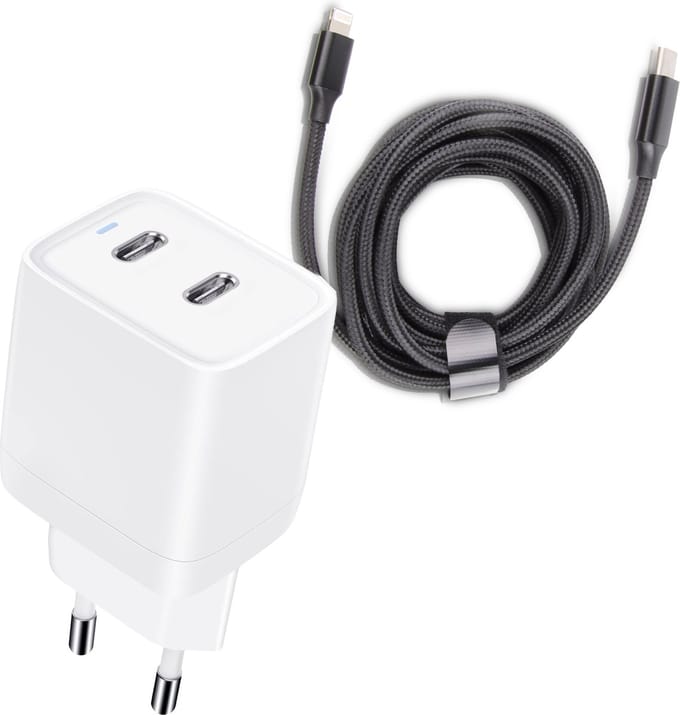 Lange snellader 2 poorten geschikt voor Lightning (iPhone 14/13/12) - 45w Snellader - Usb-C Power Adapter - 3 Meter