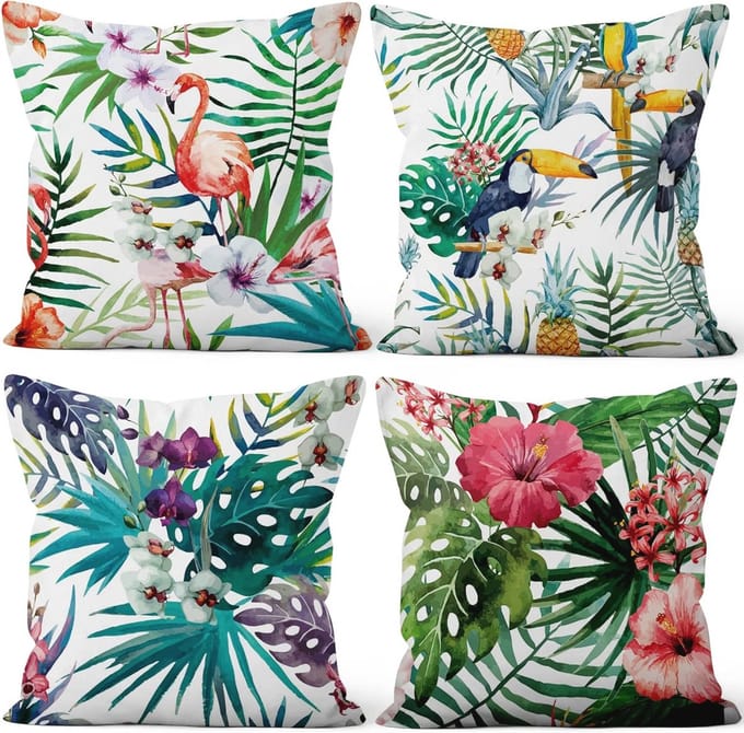 Omgoods - Set van 4 Sierkussens met Tropisch Flamingo en Bladpatroon