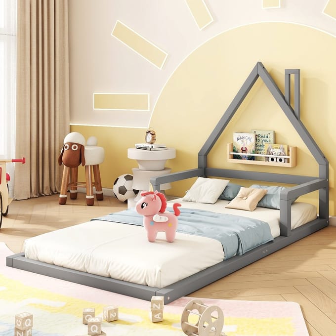 PHOEBE CAT Kinderbed - 90 x 200 cm - Huisvormig - Grenenhout + MDF - Grijs