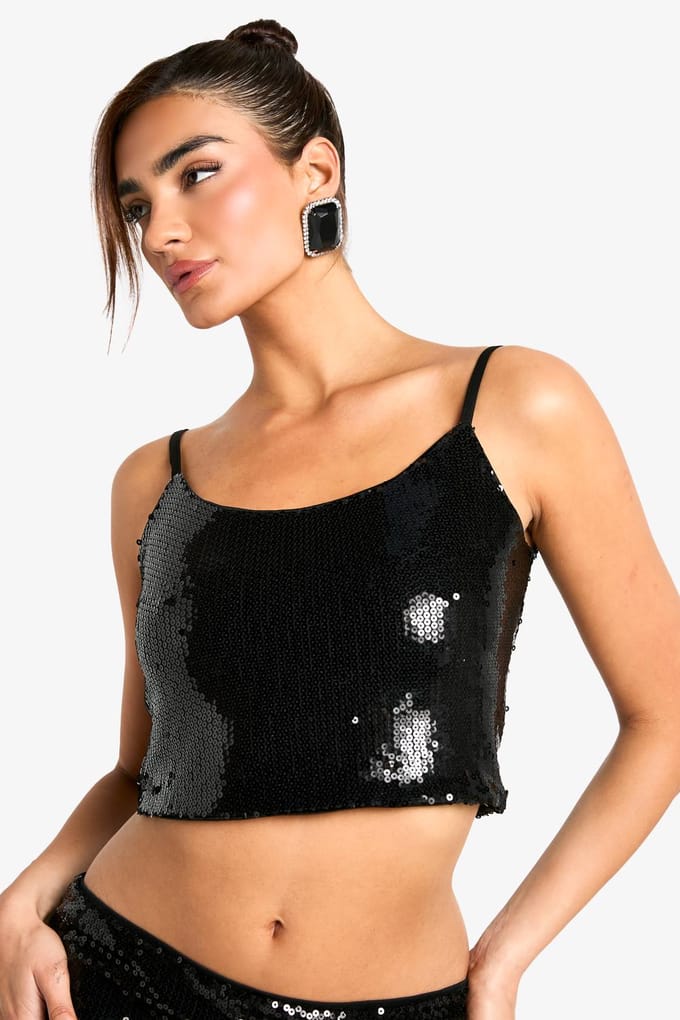 boohoo Dames Pailletten Cami Top | Zwart | Maat: 38