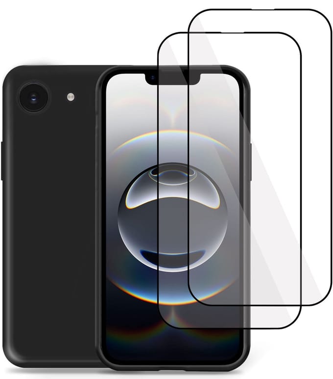 Technow Liquid Hoesje & 2x Screenprotector geschikt voor iPhone 16e – Full Screen Tempered Glass - Back Case Cover - Zwart