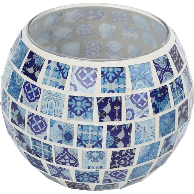 Theelichthouder Blauw en Wit Glasmozaïek Bloempatronen Warm Romantisch Handgemaakt gray