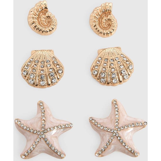 boohoo Dames Schelp & Zeester Oorbellen Knopjes 3-pack | Goud