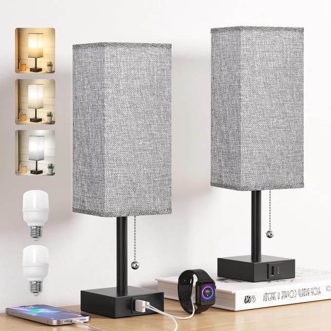 Set van 2 Bedlampen met USB C+A Oplaadpoorten en 3 Kleurmodi