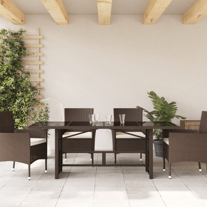vidaXL - Tuintafel - met - glazen - blad - 190x80x75 - cm - poly - rattan - bruin
