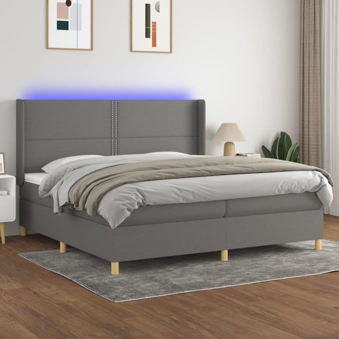 vidaXL - Boxspring - met - matras - en - LED - stof - donkergrijs - 200x200 - cm
