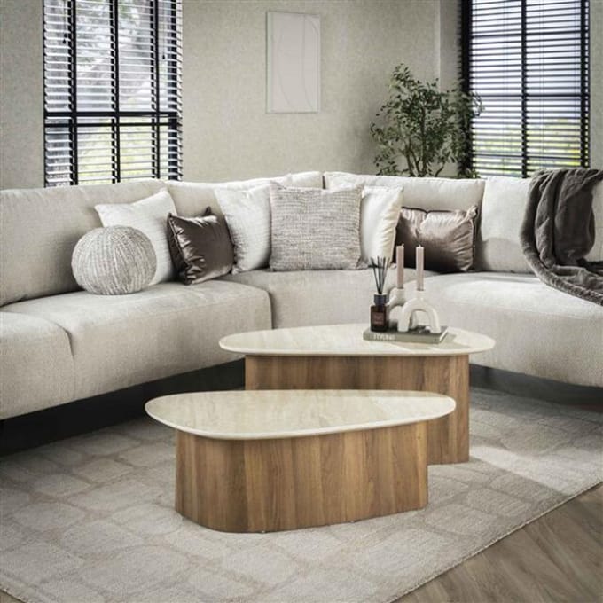 Hoyz Collection - Salontafel Romano Driehoekig - Keramisch Travertin - Set van 2