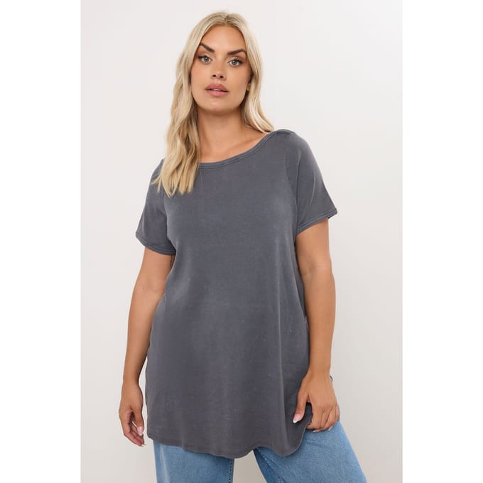 Yours Geribbeld Tshirt Van Katoen Met Boothals In Grijs Size 44