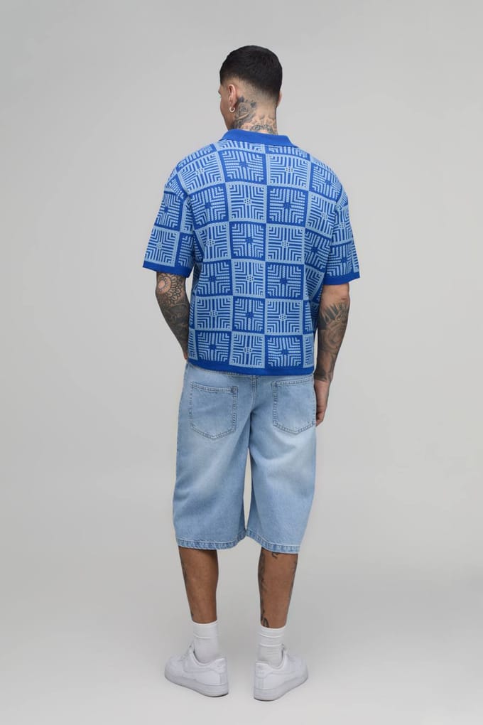 Tall Oversized Boxy Crochet Tapestry Knitted Polo T-Shirt | Blue | Size Small