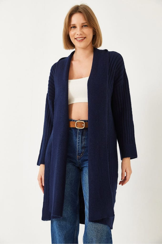 Gelaagde Lange Geribbelde Sjaalkraag Cardigan