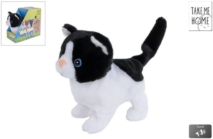 Interactieve looppoes pluche zwart wit 15,5cm speelgoed kat.