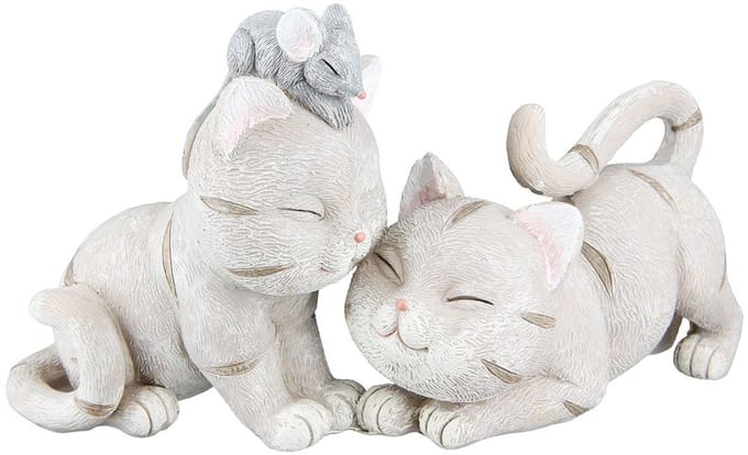 Beeld kittens play met muis- katten - poezenbeeld - 8x19x11 cm creme polyresin