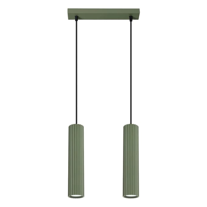Hanglamp KARBON 2 met 2 geribbelde buiskappen in lijn - Sollux Lighting - IP20 - Olijfgroen aluminium behuizing - 30 x 6.5 x 90 cm - 2 x GU10 LED, exclusief lichtbron - 2 x 10 W - Minimalistische hanglamp voor gang, hal en slaapkamer