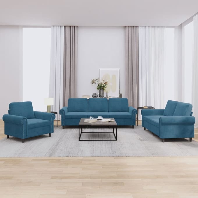 vidaXL - 3-delige - Loungeset - met - kussens - fluweel - blauw