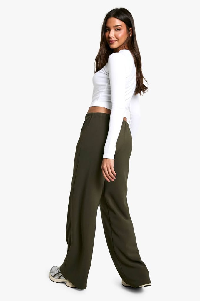 boohoo Dames Geribbelde broek met trekkoord | Khaki | Maat: 16