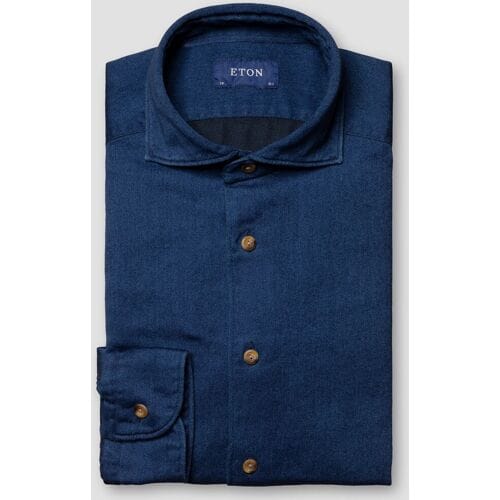 Eton Overhemd Satin Indigo Garment Washed Horn Effect Buttons Donker Blauw / male