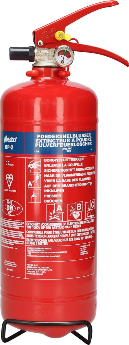 Alecto BP-2 Brandblusser - Poederblusser 2 kilogram - Brandklasse ABC - Inclusief Ophangbeugel
