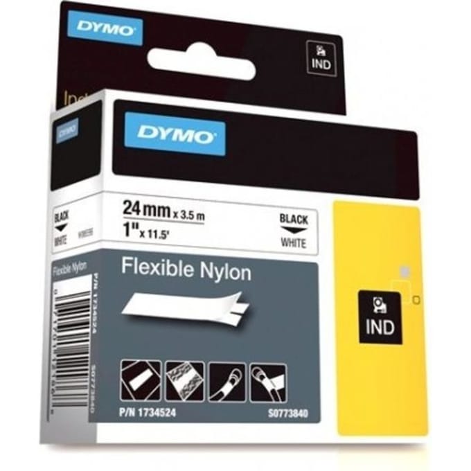 Labeltape dymo rhino industrieel nylon 24mm zwart Op wit