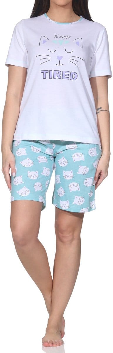 Normann dames pyjama shorty met korte mouwen pyjama met kattenmotief