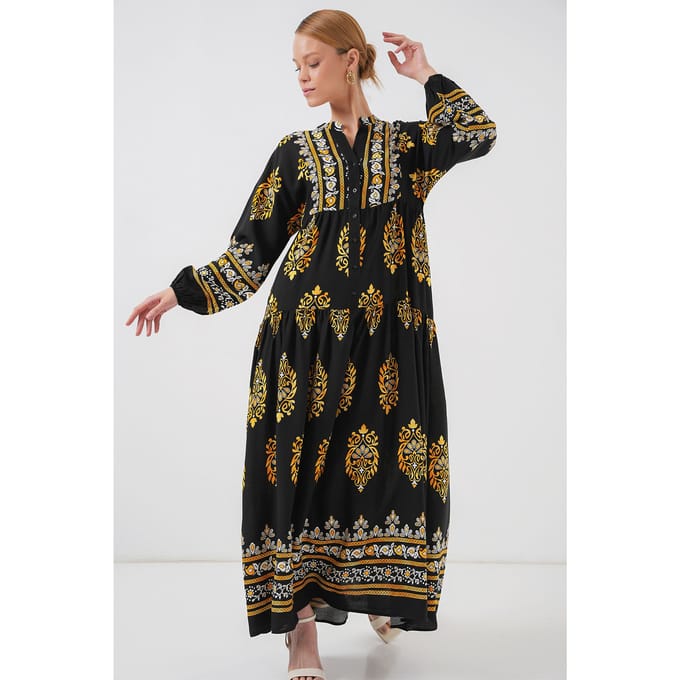 Geprinte Maxi Jurk met V-Hals en Knopsluiting