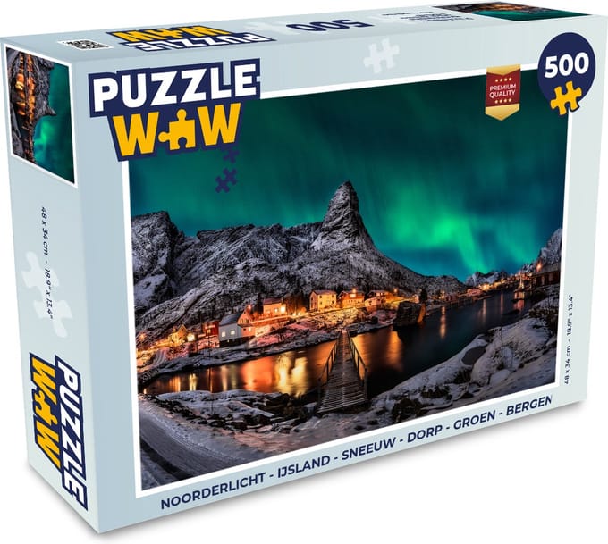 Puzzel Noorderlicht - IJsland - Sneeuw - Dorp - Groen - Bergen - Legpuzzel - Puzzel 500 stukjes