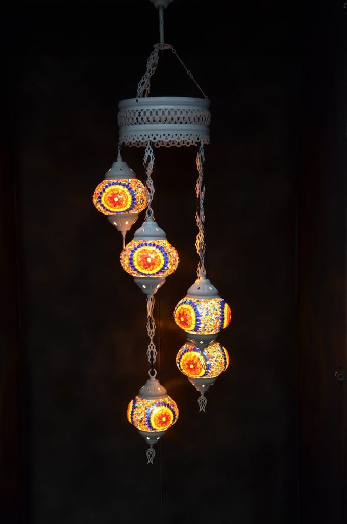 Hanglamp multicolour  glas mozaïek 5 bollen Turkse Oosterse Crèmewit Marokkaanse kroonluchter