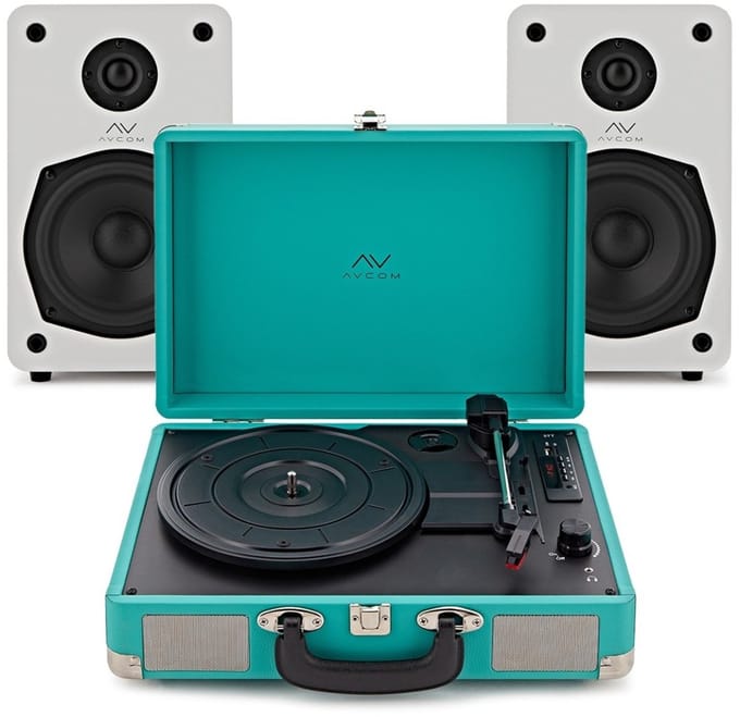 AVCOM Suitcase Turntable with Active Speakers, Green & White