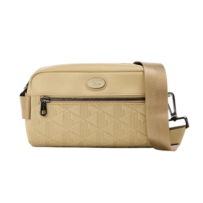 Lacoste Leren schoudertas met geometrisch patroon (Beige)