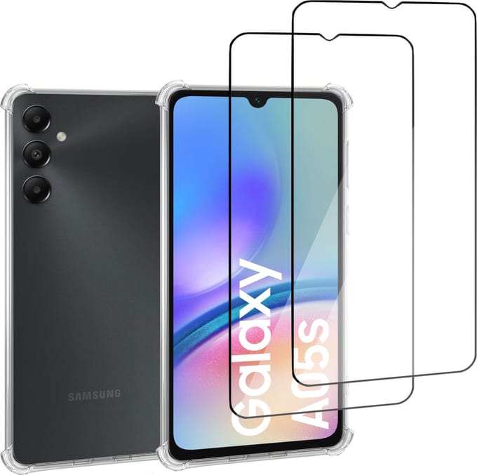 Geschikt voor Samsung Galaxy A05s - Hoesje + 2x Screenprotector – Full Cover Gehard Glas + Shock Proof Case – Transparant