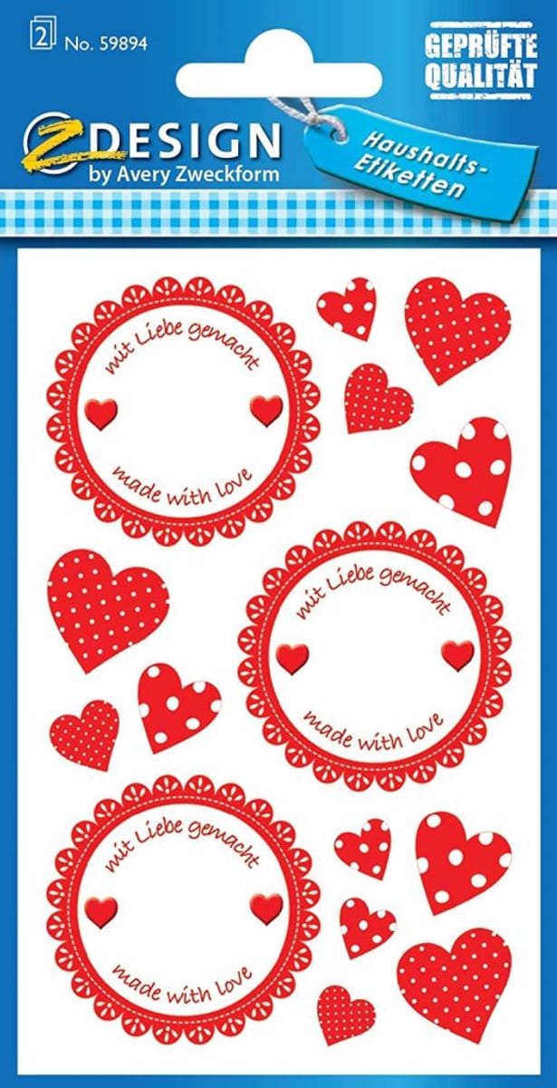 Huishoudelijke labels 6x embleem 24x sticker harten
