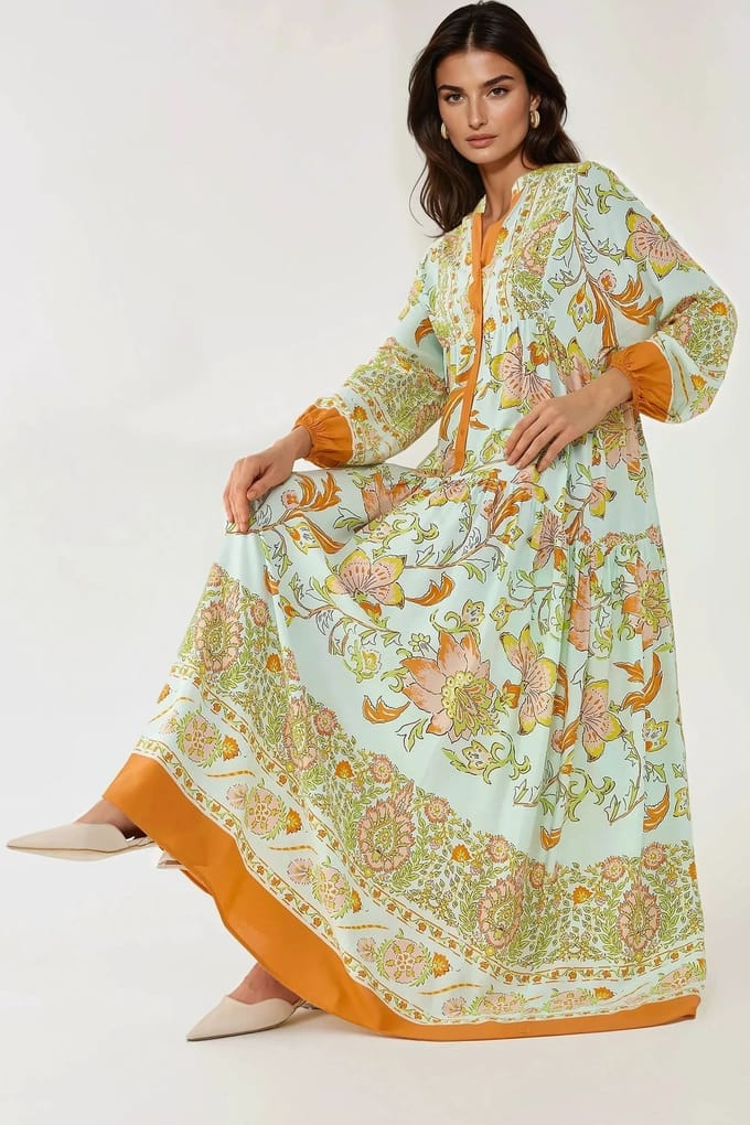 Gedrukte Lange Mouwen Viscose Maxi Jurk