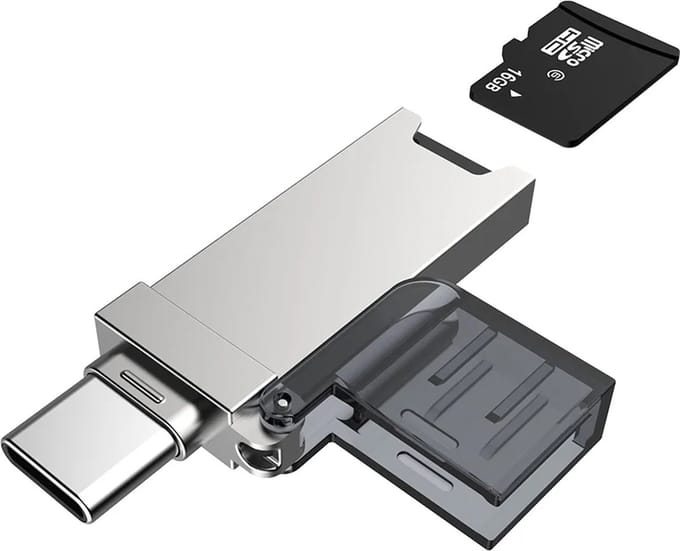 LUXWALLET C-Transit - USB-C Naar USB 2.0 Kaartlezer - Compatibel Met Micro SD Kaart - Plug-and-Play - Compact en Draagbaar – Zilver