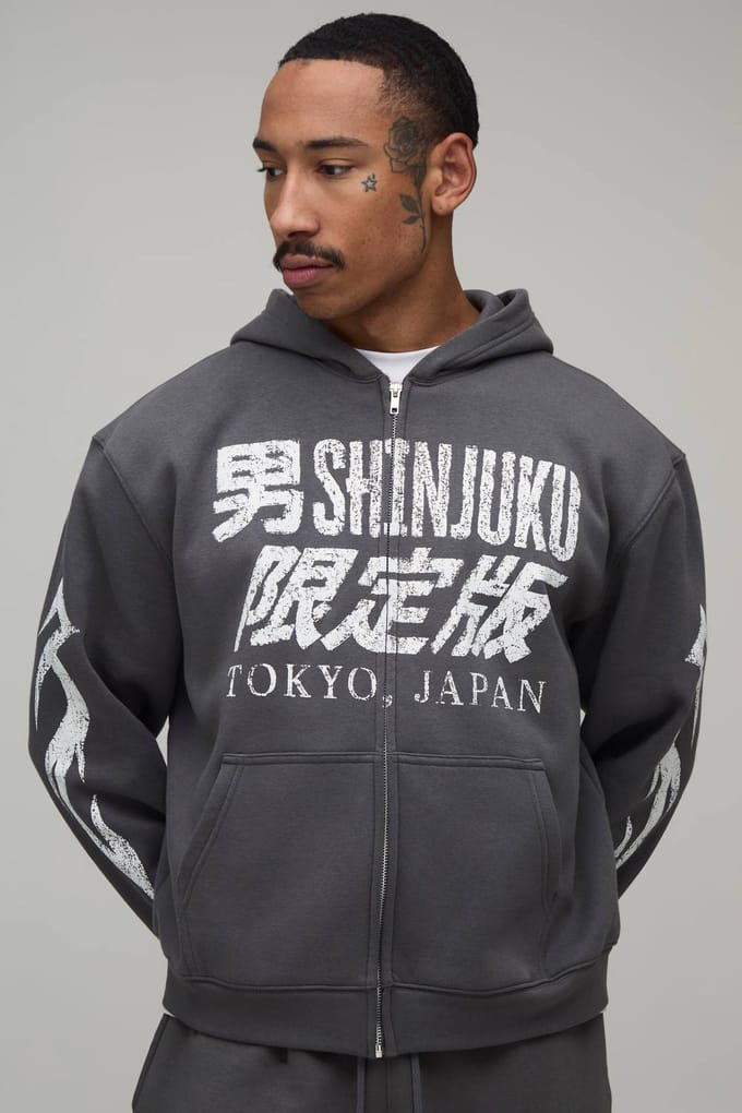 Antraciet Oversized Boxy Tokyo Moto Print Hoodie Met Rits | Charcoal | Size Medium