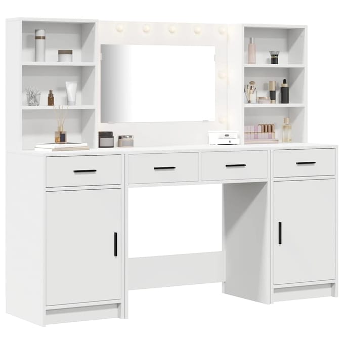 Make-up Kaptafel Set met LED Verlichting en Lades 3 stuks Wit Houtbasis Materiaal