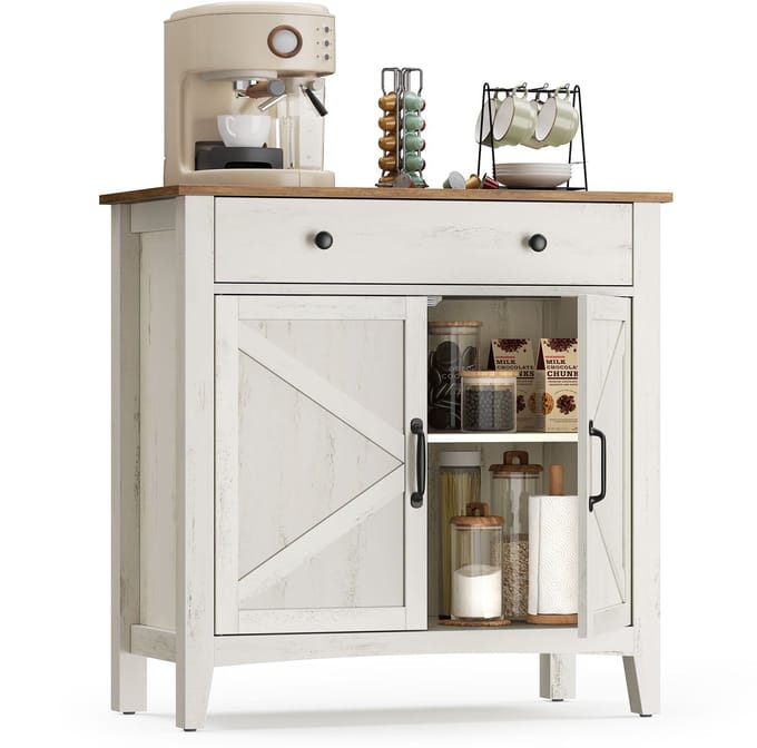 Keukenkast Dressoir - Opbergkast met Lade, Deuren en Verstelbare Plank – Rustiek Wit/Bruin