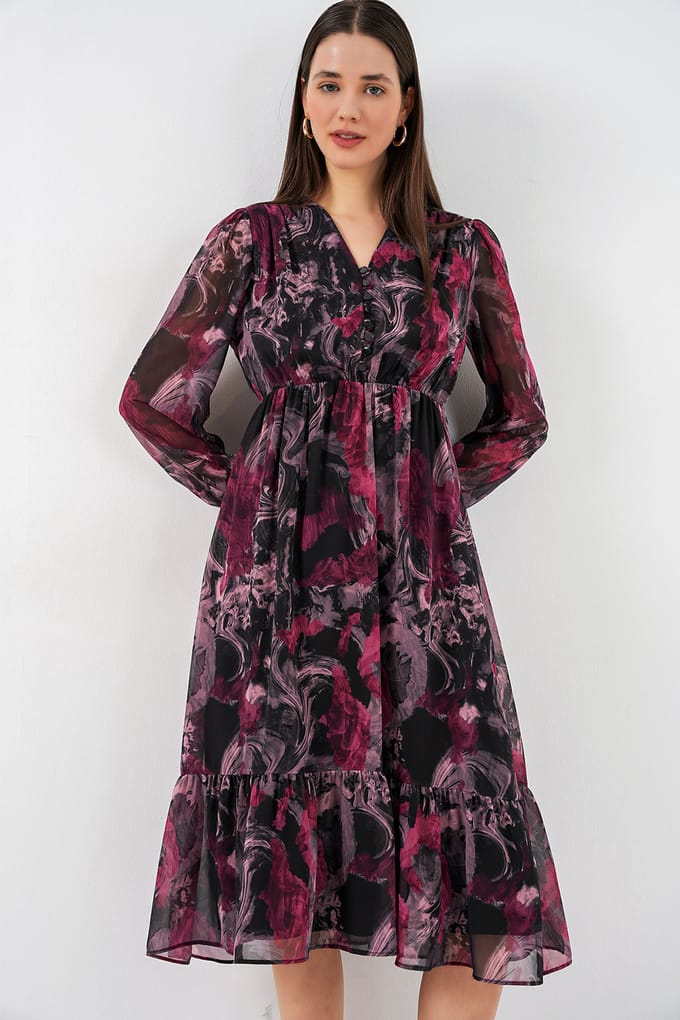 V-hals Midi-jurk met knoopsluiting