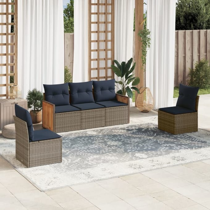 vidaXL - 5-delige - tuinbankset - met - kussens, - grijs - polyrotan