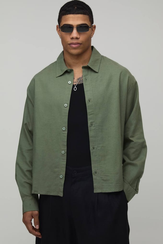Oversized Boxy Long Sleeve Linen Co-Ord Blend Shirt | Olive | Size Medium
