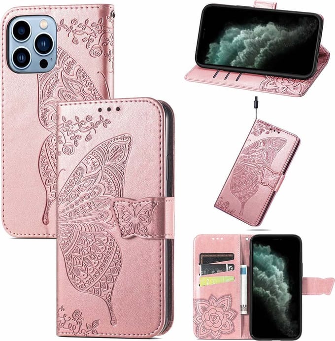 Smartphonica iPhone 11 Pro Max kunstleren hoesje met vlinder opdruk - Rosé Goud geschikt voor iPhone 11 Pro Max