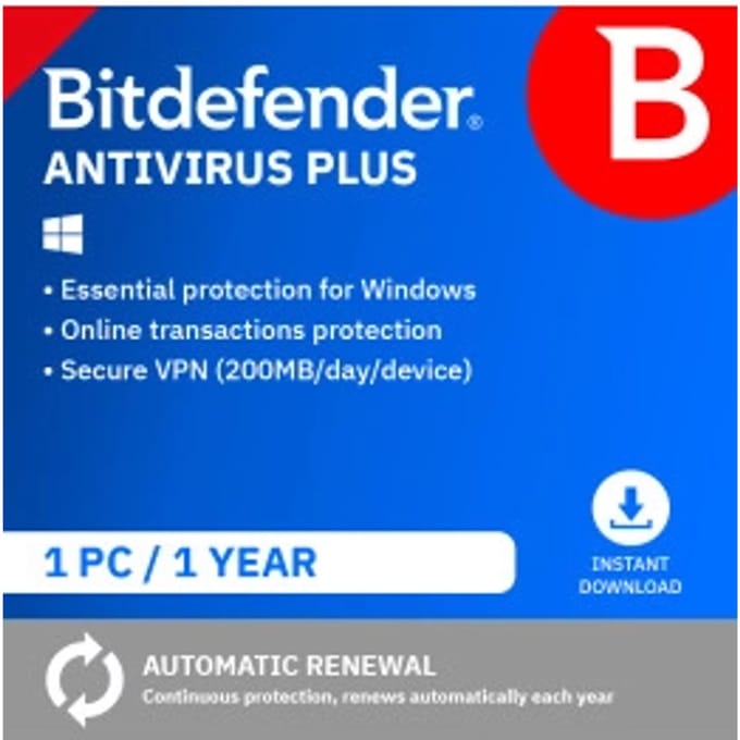 Bitdefender Antivirus Plus 2026 | 1 PC | 1 Jaar | Windows 11, 10, 8, 7 | UK Editie