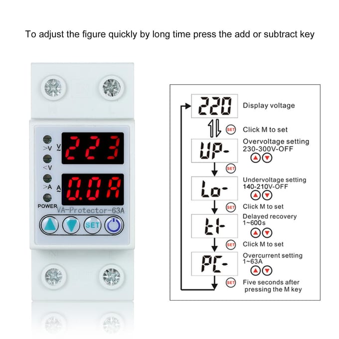 63A 220V Din-rail instelbare overspannings- en onderspanningsbeveiligingsapparaatbeveiligingsrelais wit