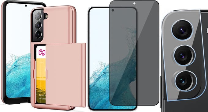 Hoesje met Pasjeshouder geschikt voor Samsung Galaxy S22 - Privacy Screenprotector FullGuard & Camera Lens Screen Protector - Back Cover SlideCase Roségoud