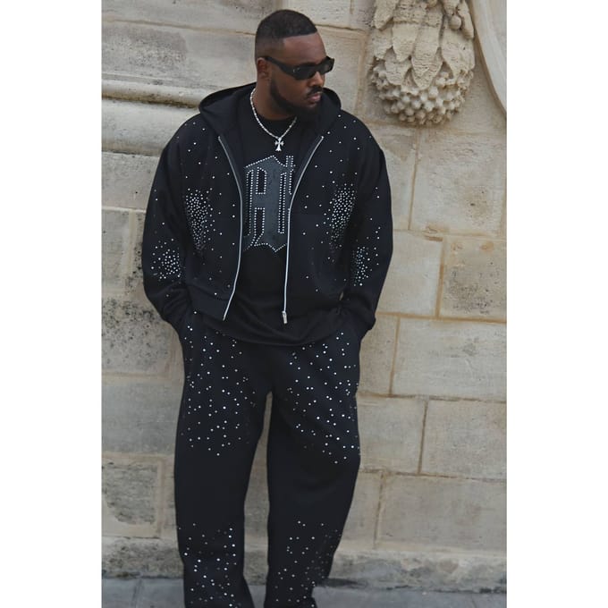 Plus Shrunken Rhinestone Zip Through Hoodie | Black | Size 2XL