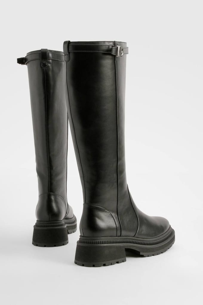 boohoo Dames Buckle Strap Detail Chunky Knee High Boots | Black | Maat: 3