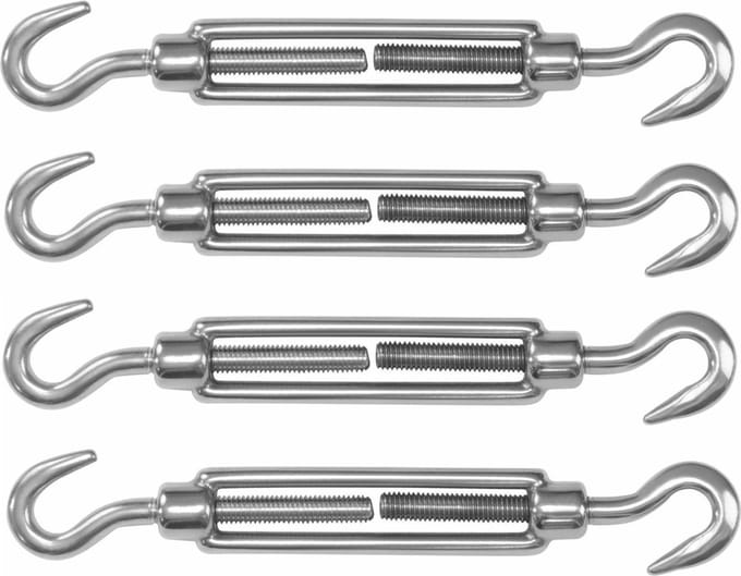 AMIG Spanschroeven/draadspanner met haak/haak - 4x - 12.5cm - 316L RVS - 300kg - M10 schroefdraad